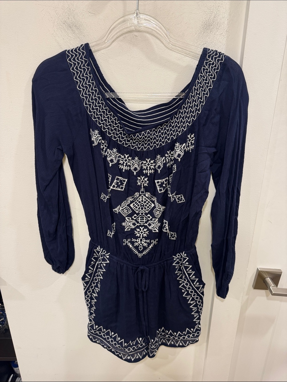 Embroidered Navy Long-Sleeve Women's Dress